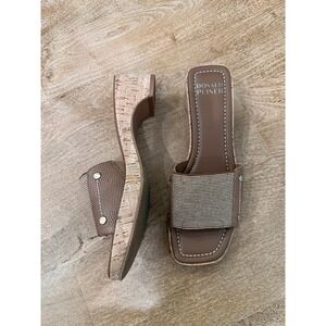 Donald Pliner Womens Cork Wedge Slide Sandals Brown Lizard Embossed Mules